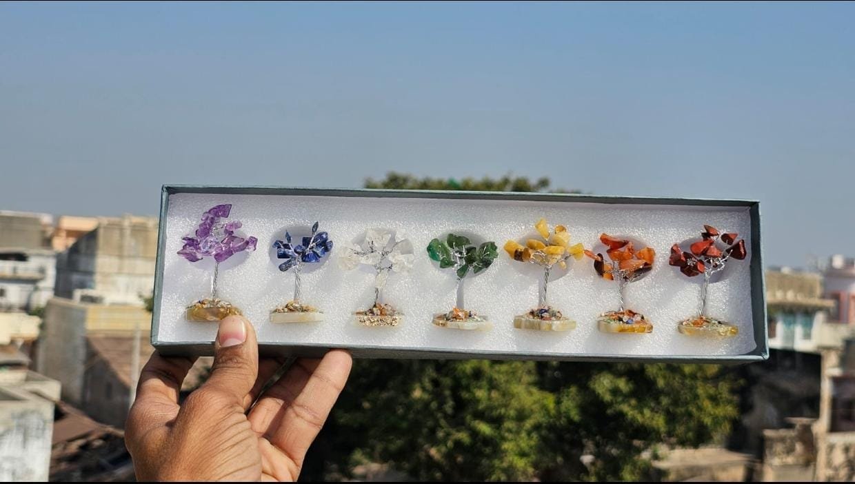 Seven Chakra Mini Tree Box | 7 Healing Crystal Trees for Energy Balance